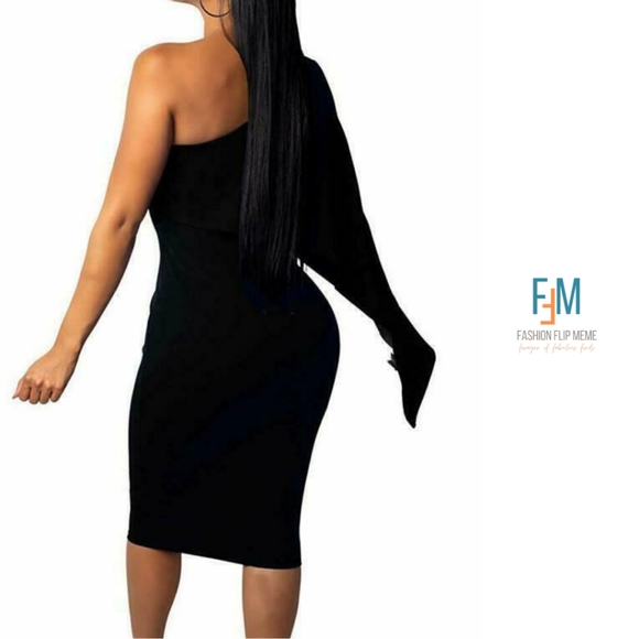 New! One-Shoulder Batwing Drape Bodycon Midi Dress, XL - Picture 2 of 11